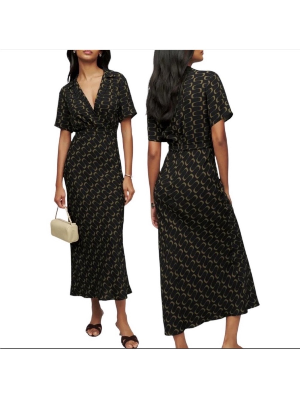 Reformation Black Maxi Wrap Dress with Gold Wave Pattern